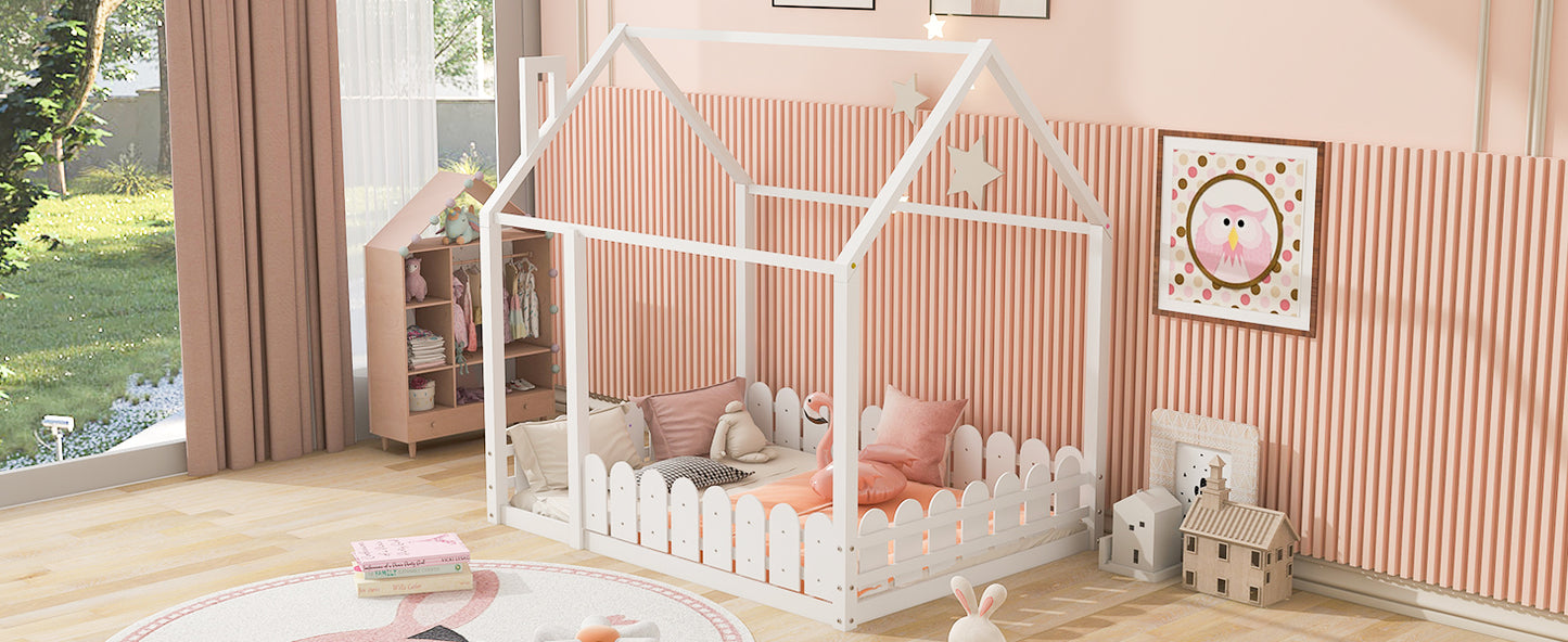 Bed Frame with Fence for Kids Teens Girls Boys