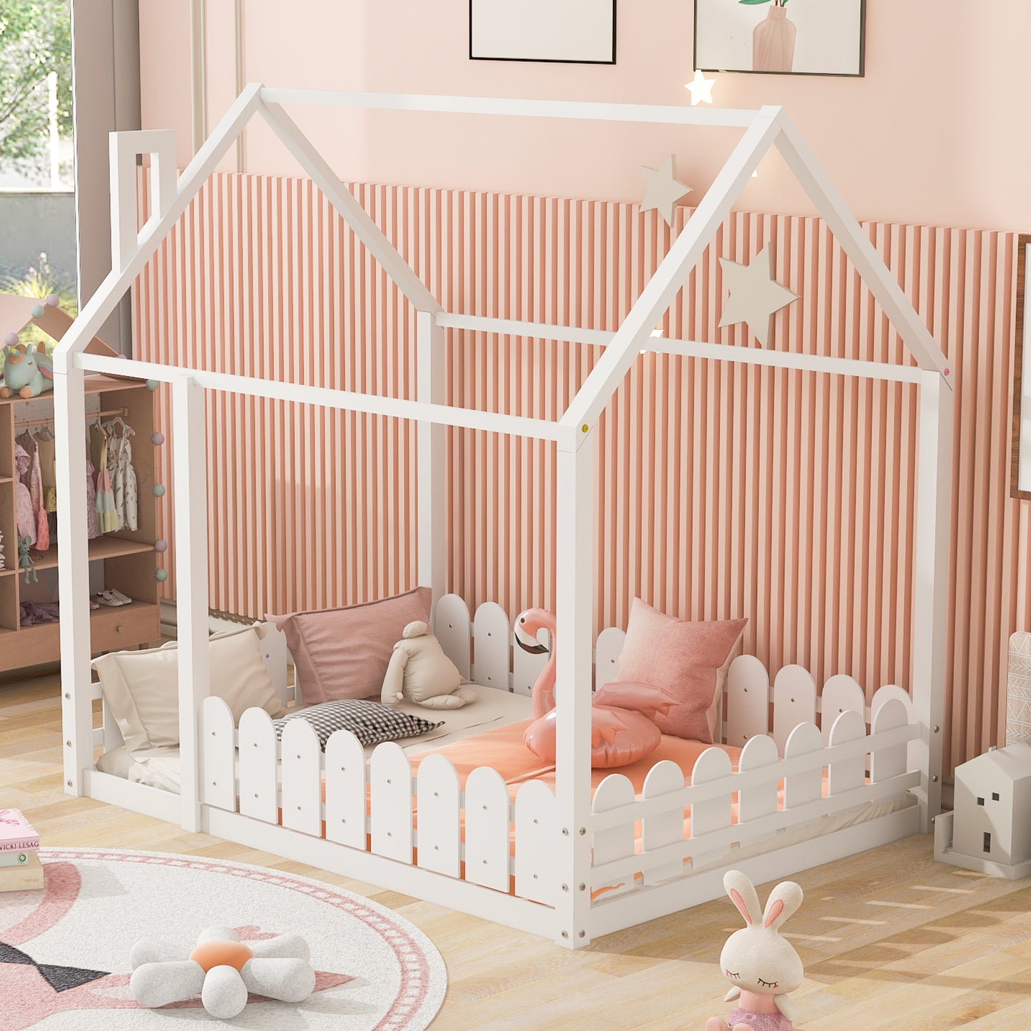 Bed Frame with Fence for Kids Teens Girls Boys