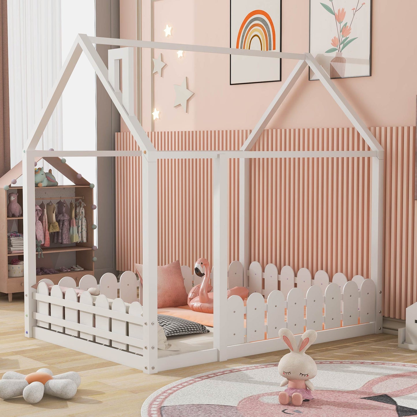 Bed Frame with Fence for Kids Teens Girls Boys