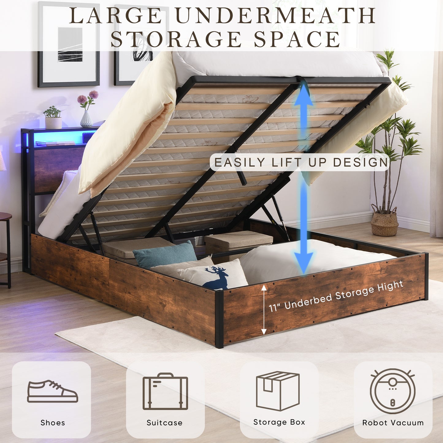 Elevating storage bed frame