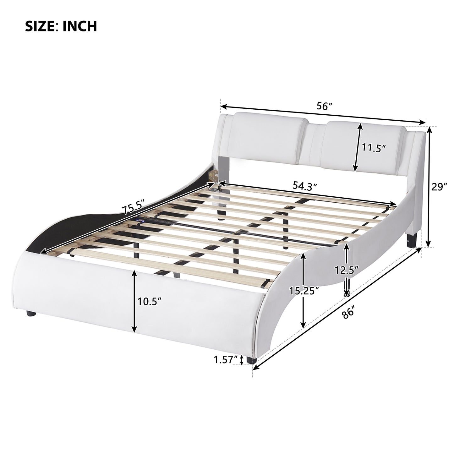 Bed with LED Light Bed Frame with Slatted - White