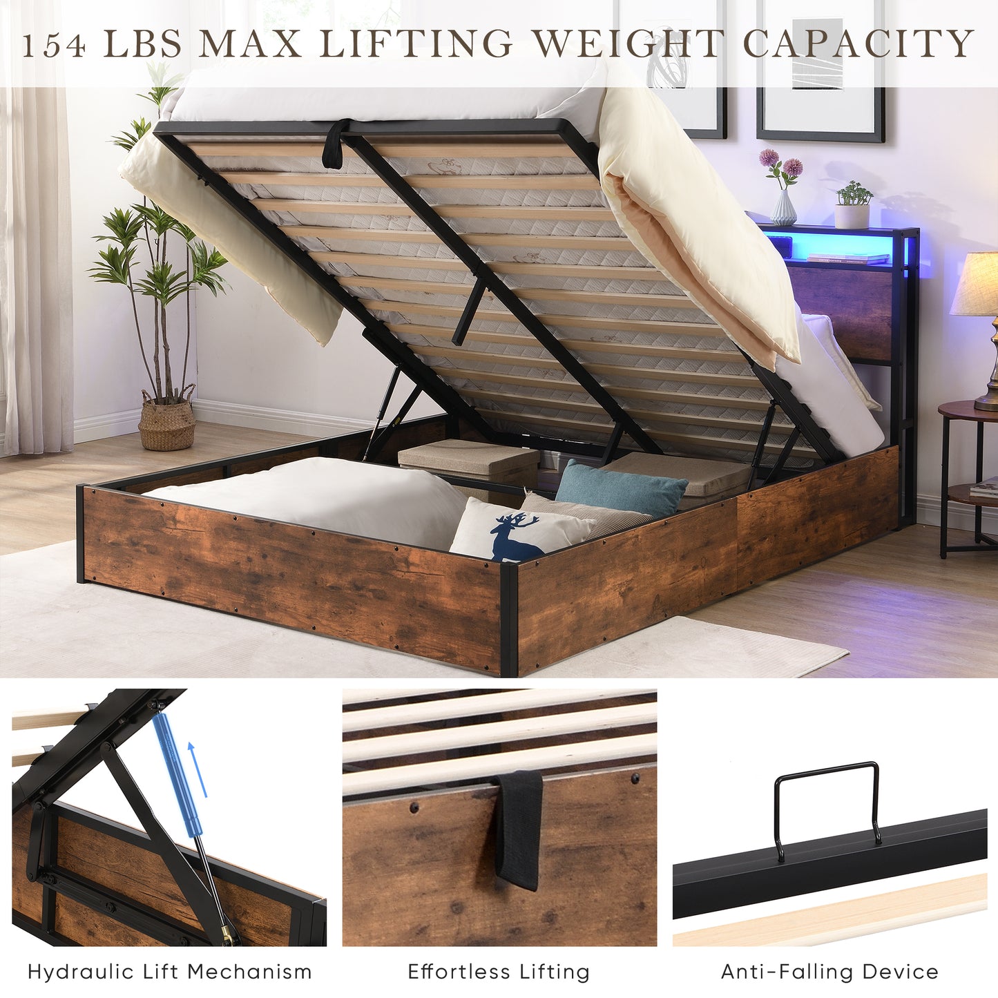 Elevating storage bed frame