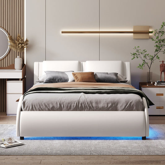 Bed with LED Light Bed Frame with Slatted - White