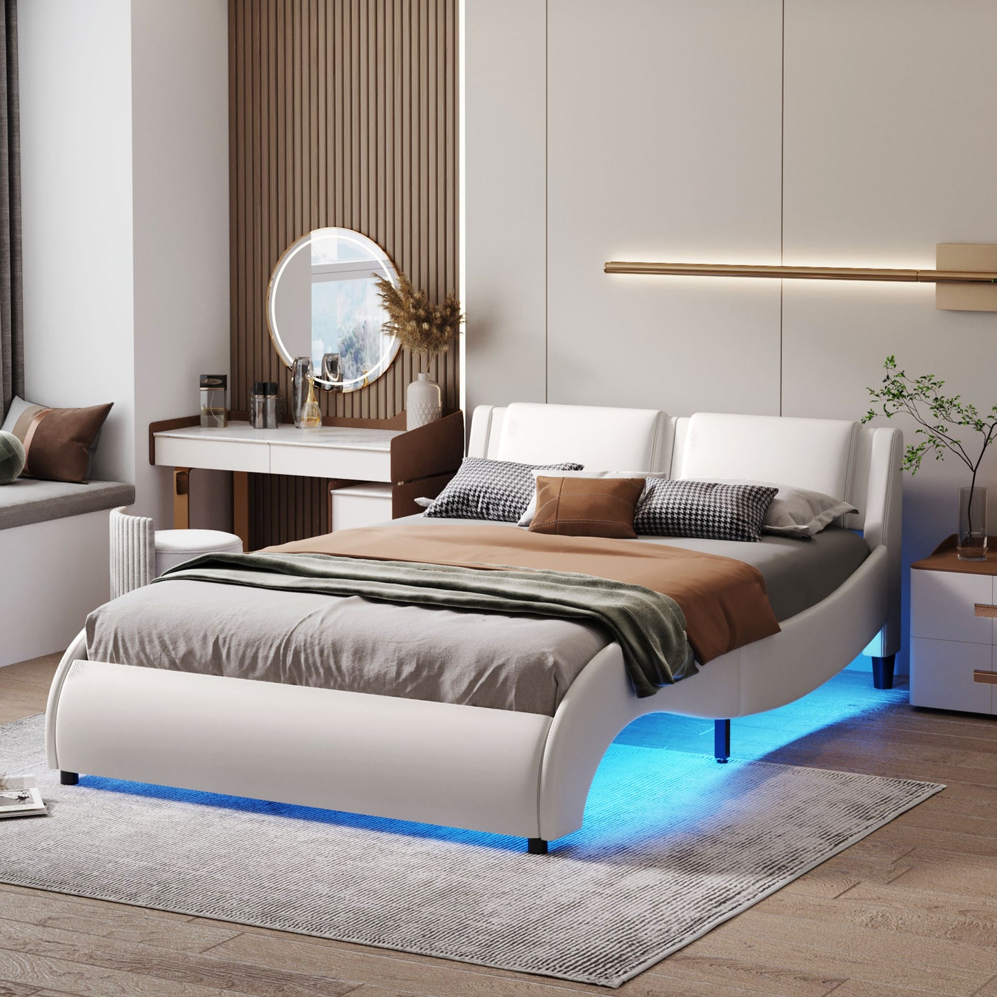 Bed with LED Light Bed Frame with Slatted - White