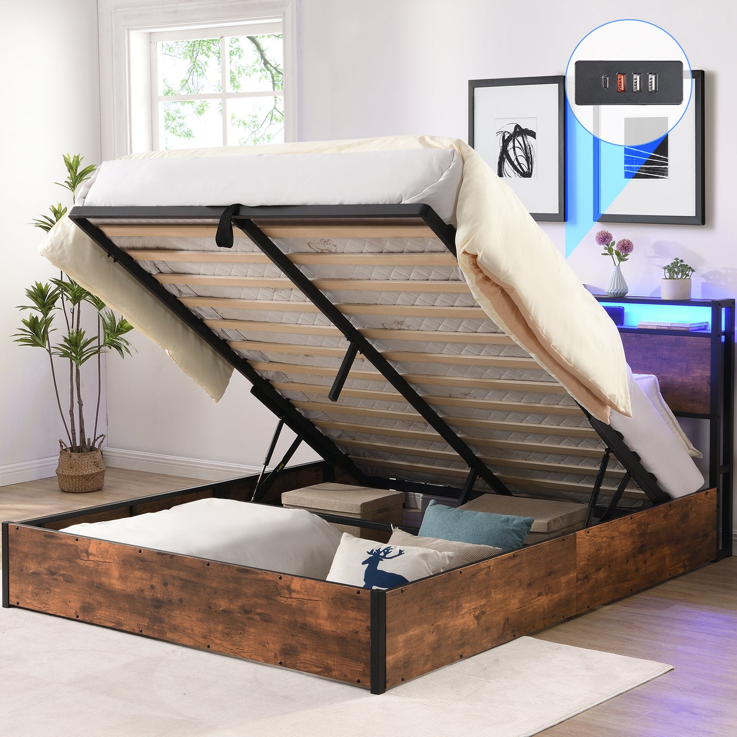 Elevating storage bed frame