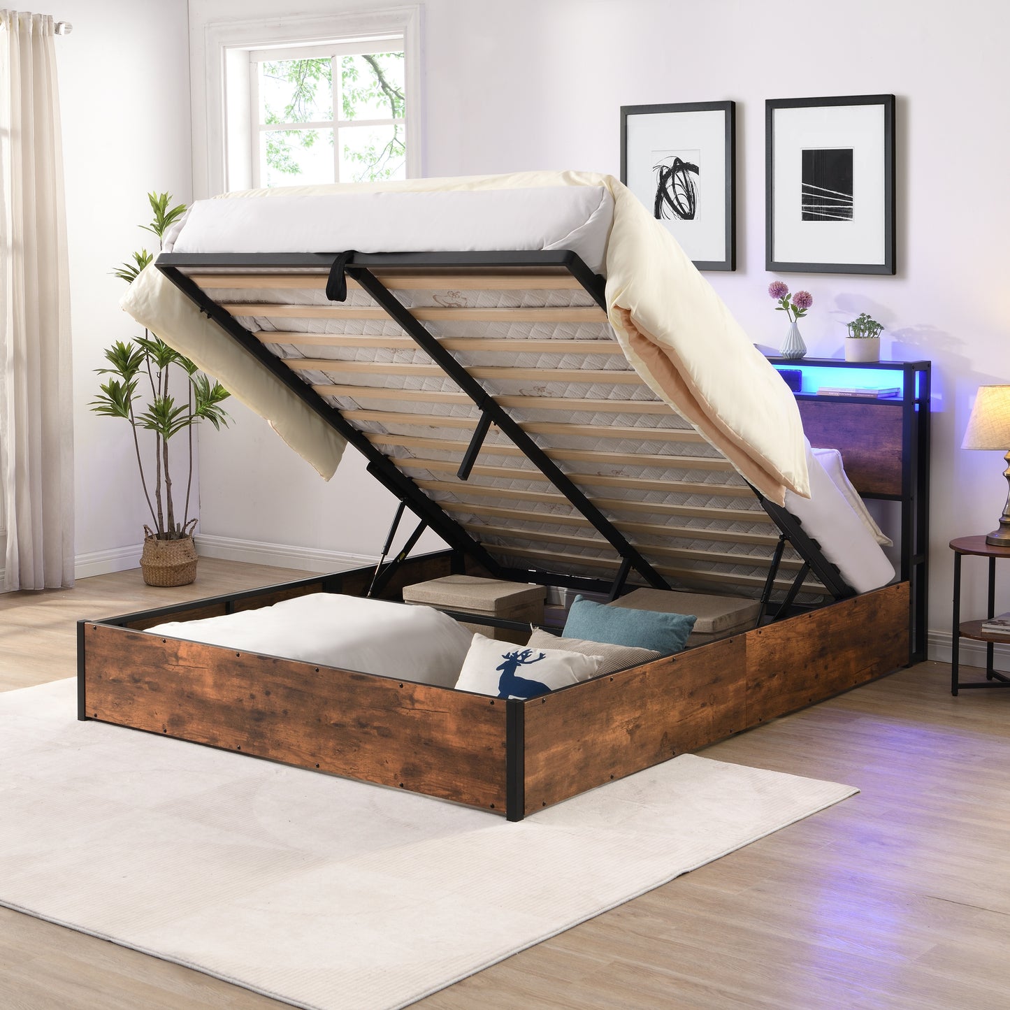 Elevating storage bed frame