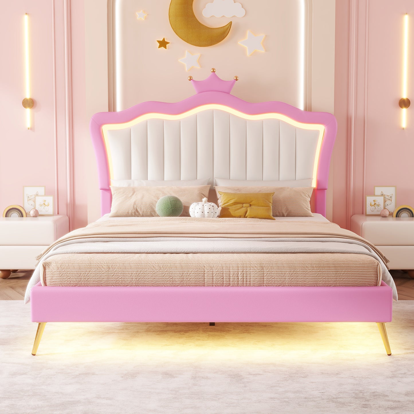 Full Size Upholstered Bed Frame with LED Light