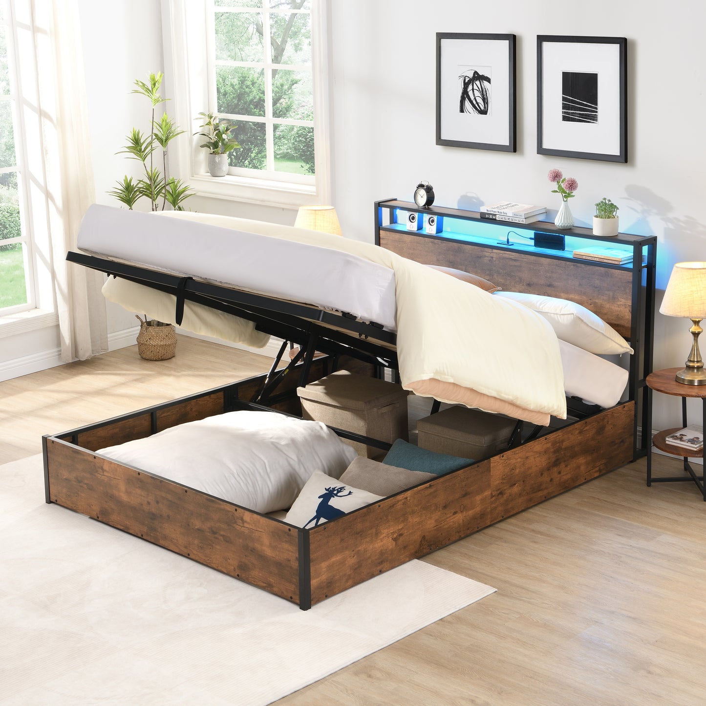 Elevating storage bed frame