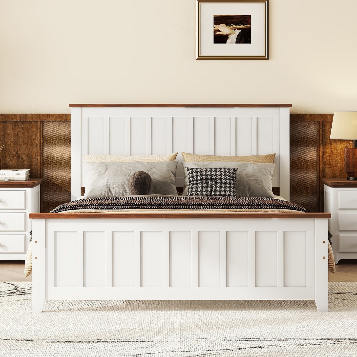 Simple Bed Frame with Rectangular Headboard and Footboard, White