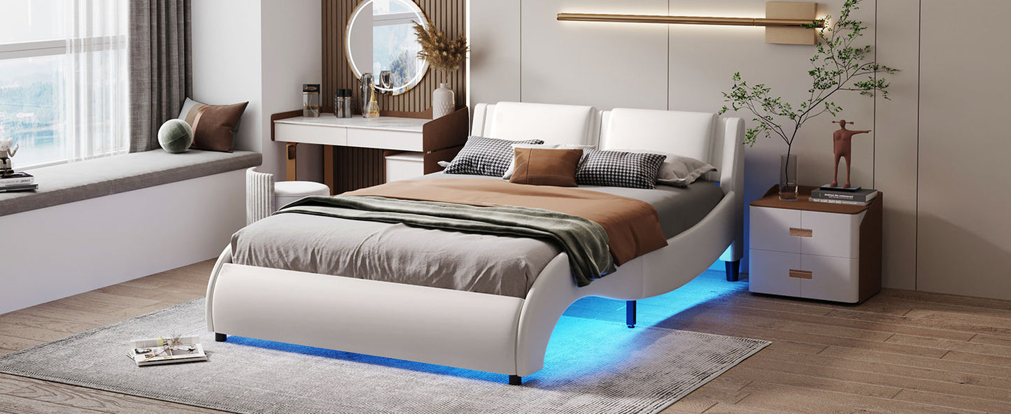 Bed with LED Light Bed Frame with Slatted - White