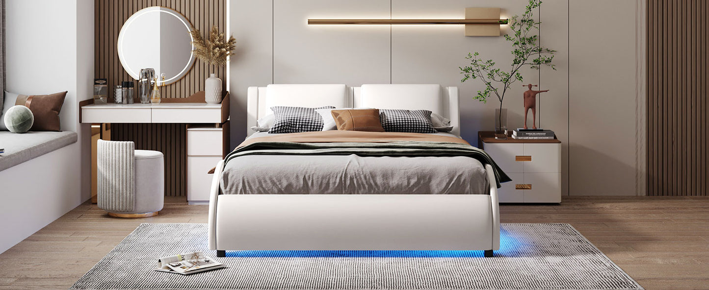 Bed with LED Light Bed Frame with Slatted - White