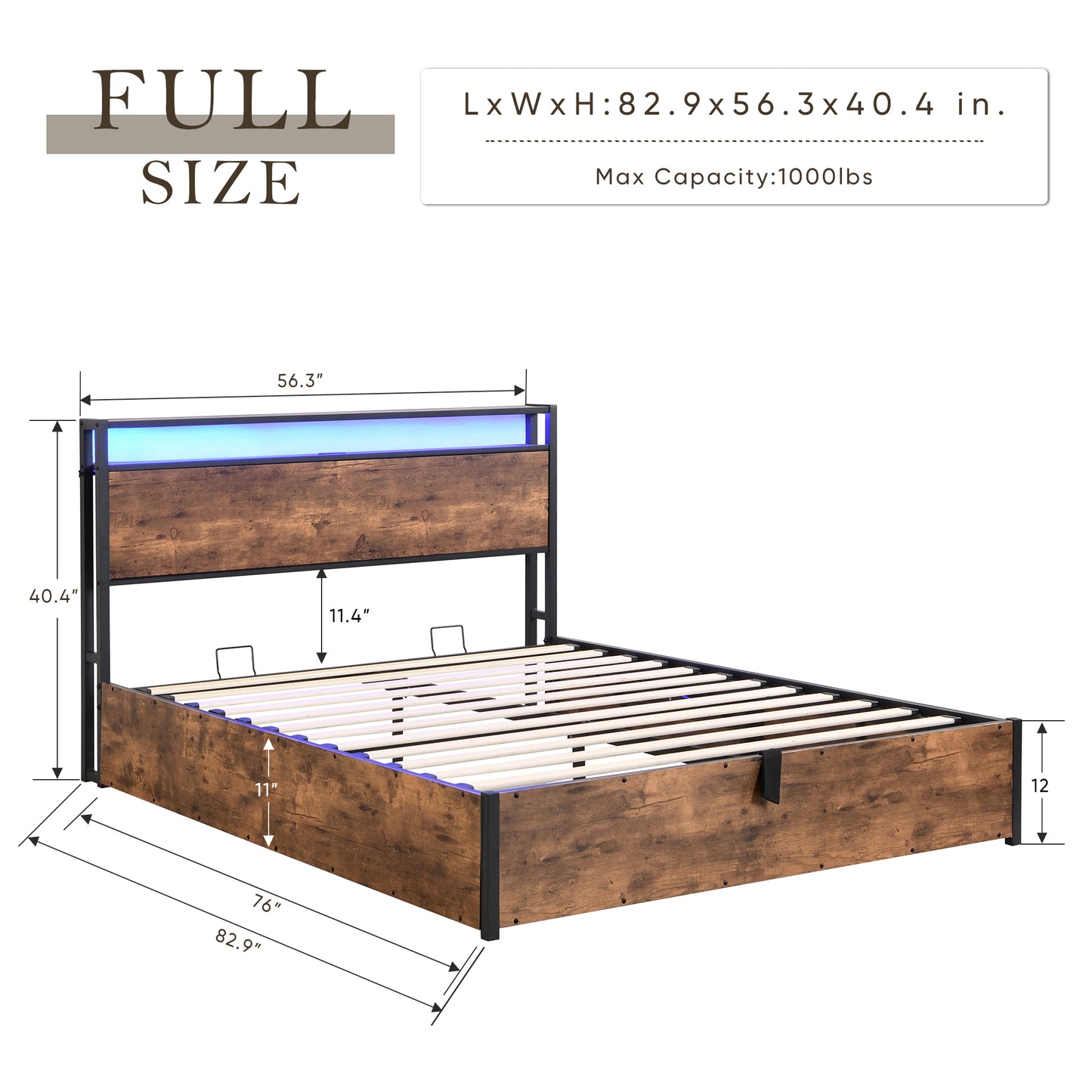 Elevating storage bed frame