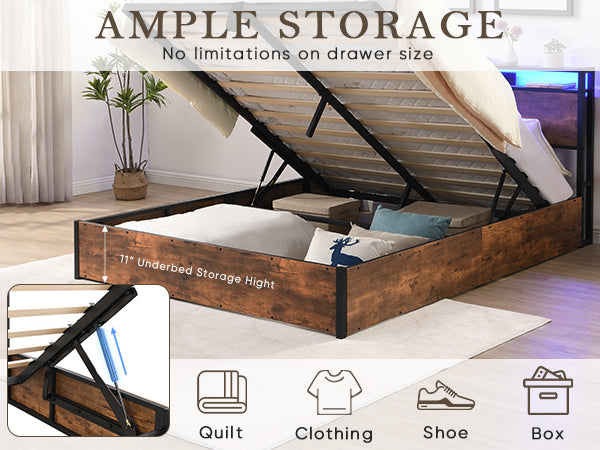 Elevating storage bed frame