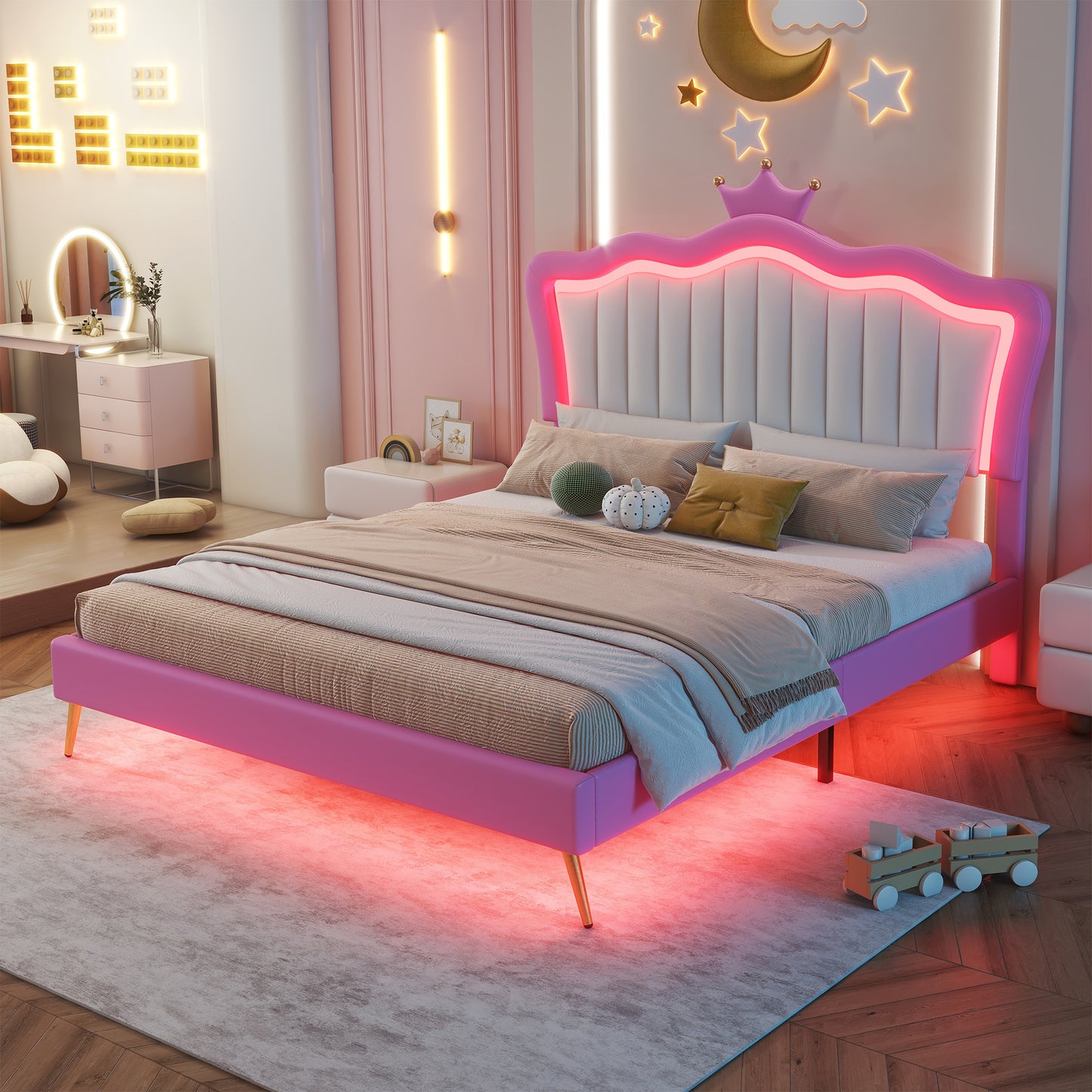 Full Size Upholstered Bed Frame with LED Light